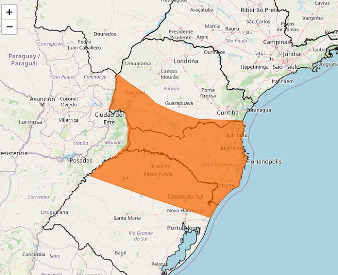 Área de cobertura do alerta laranja. Gráfico: Inmet