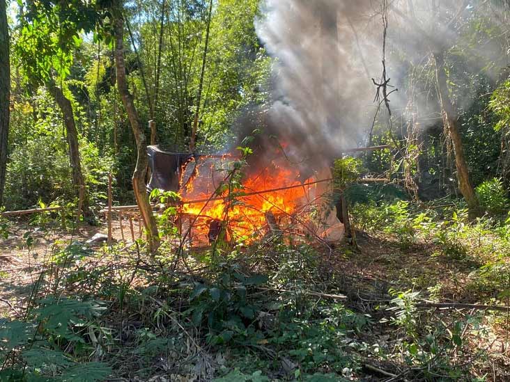 Acampamentos e peças usadas para a prensagem da droga foram incinerados. Foto: Gentileza/Polícia Nacional do Paraguai