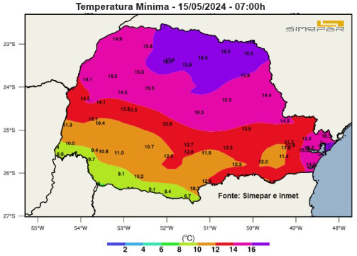 Mapa com as temperaturas por região do estado. Gráfico: Simepar