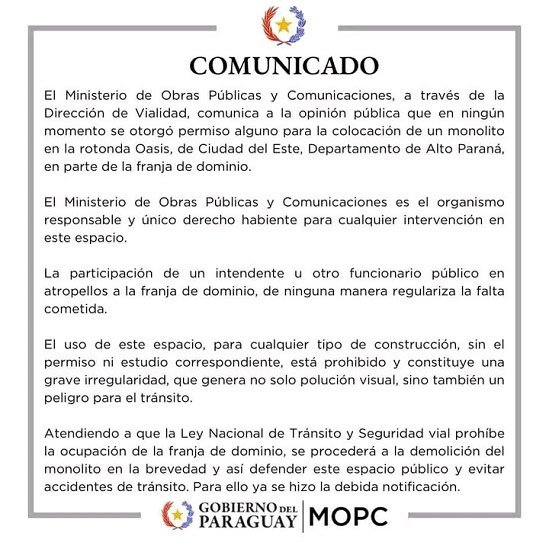 Comunicado divulgado pelo MOPC