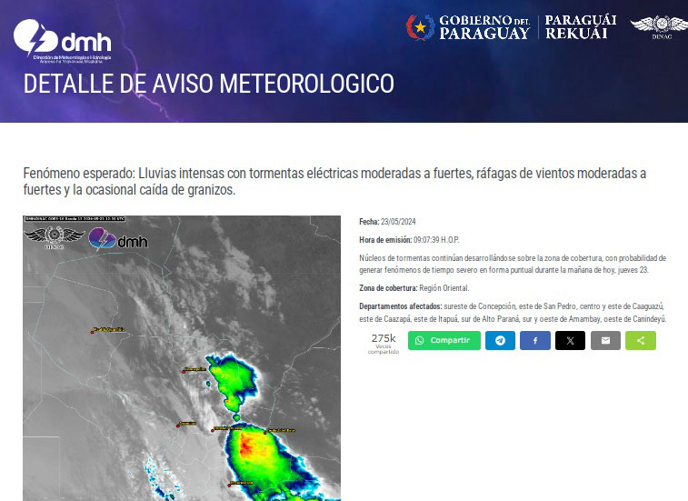 Alerta emitido pela DMH do Paraguai