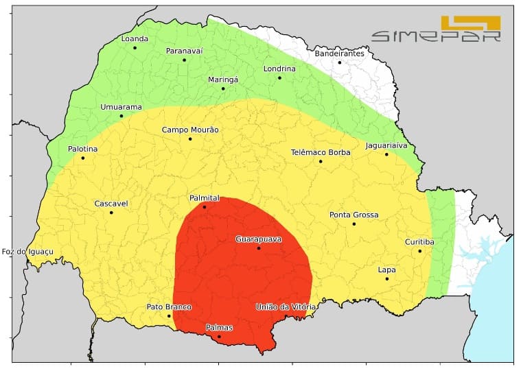 Projeção de geada para sábado no Paraná. Gráfico: Simepar
