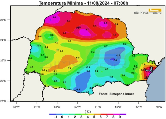 Mínimas na manhã deste domingo. Gráfico: Simepar