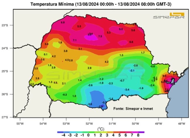 Temperaturas desta terça-feira no Paraná. Gráfico: Simepar