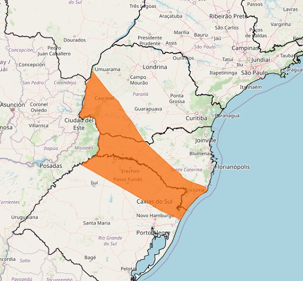 Area de abrangência do alerta laranja. Gráfico: Inmet