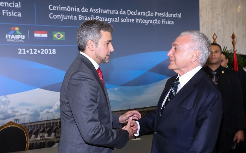 Mario Abdo Benítez e Michel Temer, em dezembro de 2018. Foto: Nilton Rolin/Itaipu Binacional