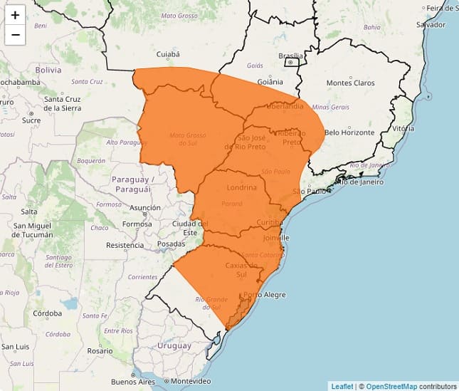 Área de cobertura do alerta do Inmet