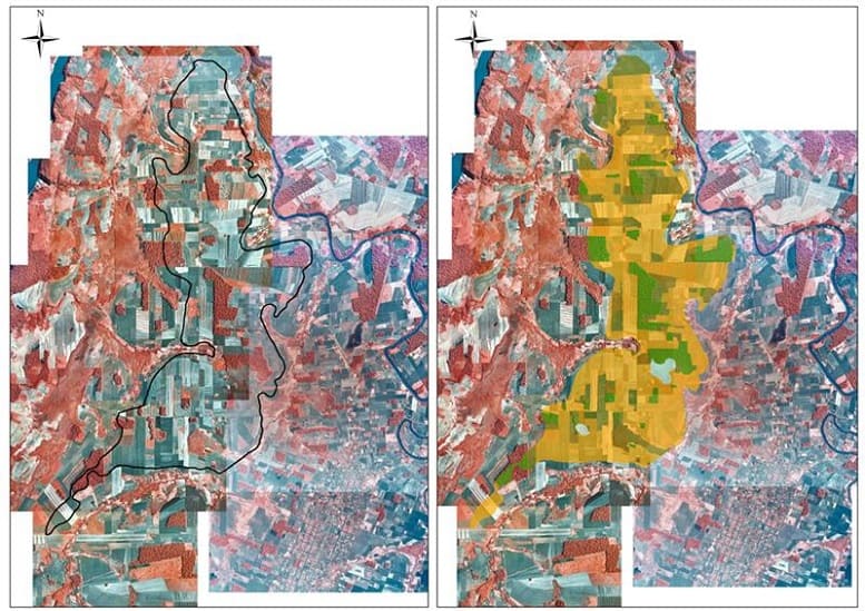 Comparativo indicando a situação do terreno na década de 1970 e as áreas reflorestadas por Itaipu. Gráfico: Itaipu Binacional