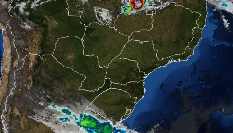 Na manhã desta segunda-feira, frente fria ainda estava sobre o Uruguai e a Argentina, conforme registro do satélite GOES16, compartilhado pelo Simepar.