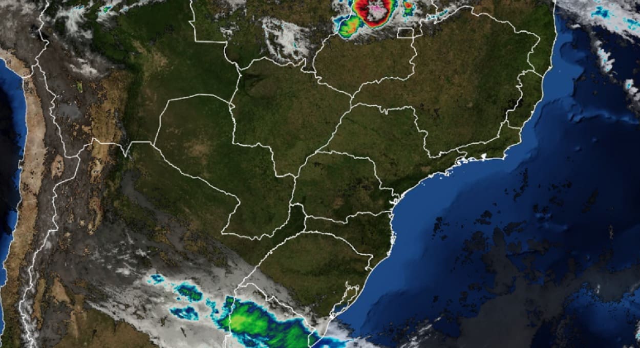 Na manhã desta segunda-feira, frente fria ainda estava sobre o Uruguai e a Argentina, conforme registro do satélite GOES16, compartilhado pelo Simepar.