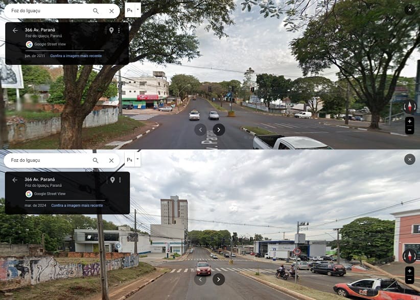 Na Avenida Paraná, até mesmo um prédio foi substituído pelo "boom" das farmácias nas esquinas. Foto: Google Street View