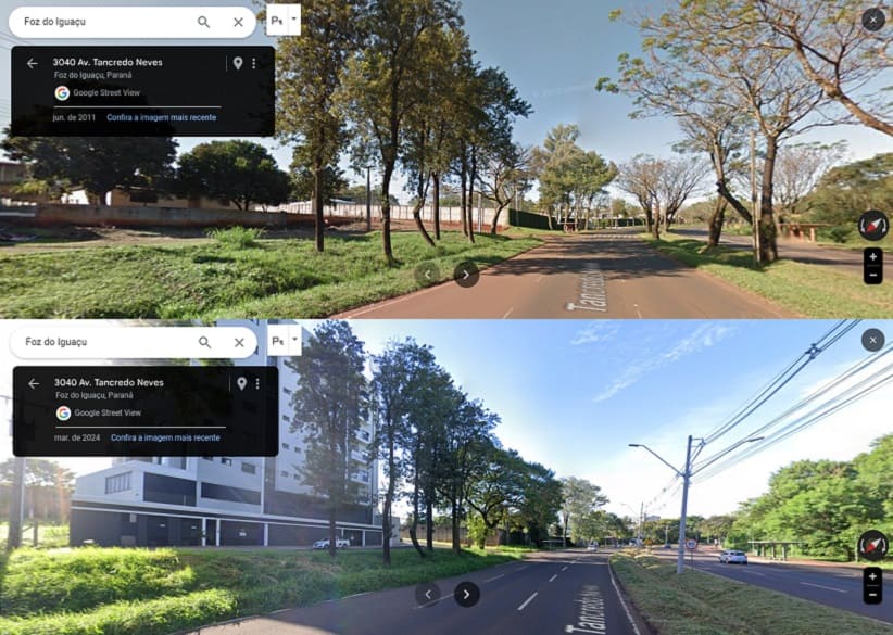 Em vários pontos da cidade, é possível notar o surgimento de prédios e a retirada de árvores. Foto: Google Street View