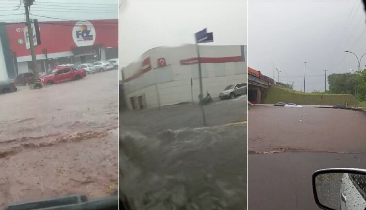 Avenida JK (esquerda e centro) e Avenida Paraná (direita) durante a chuva desta quinta-feira. Imagem: Reprodução/Vídeos de autoria indeterminada