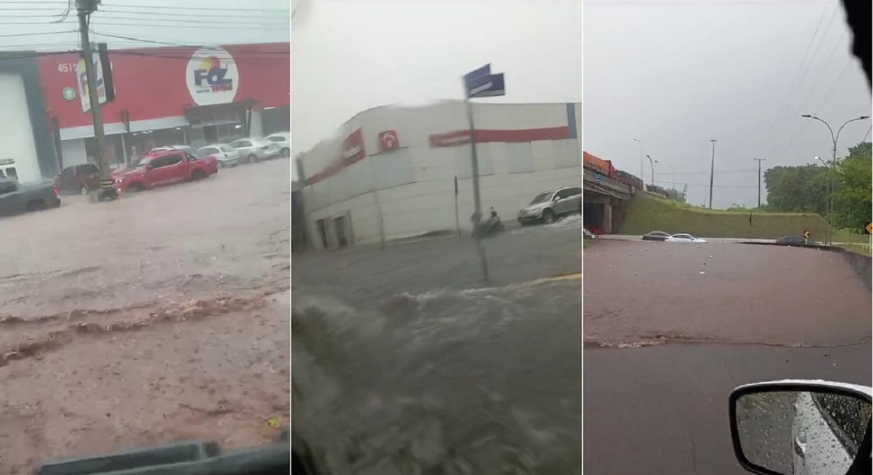 Avenida JK (esquerda e centro) e Avenida Paraná (direita) durante a chuva desta quinta-feira. Imagem: Reprodução/Vídeos de autoria indeterminada