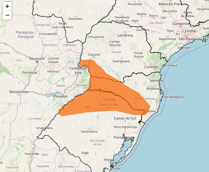 Área de vigência do alerta. Gráfico: Inmet