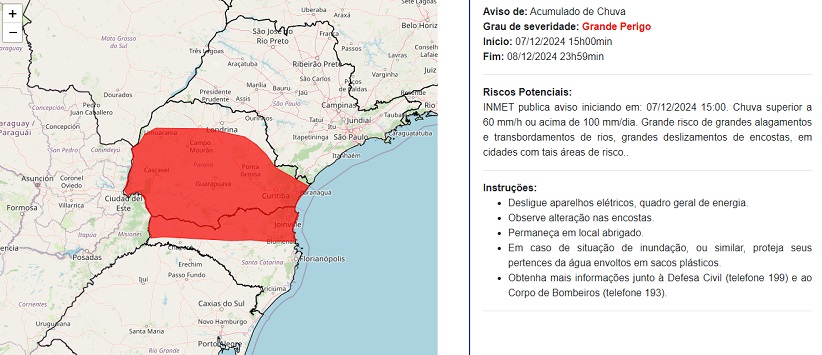 Alerta vermelho para acumulado de chuva, incluindo Foz do Iguaçu.