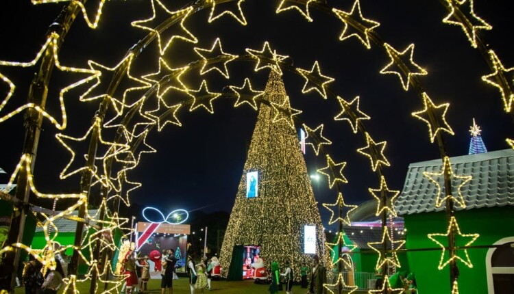 Árvore gigante do Natal no Gramadão tem painéis com imagens.