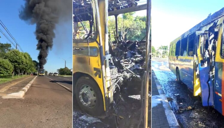 Ônibus da empresa paraguaia NSA foi destruído pelo incêndio. Imagem: Reprodução/Vídeos de autoria indeterminada