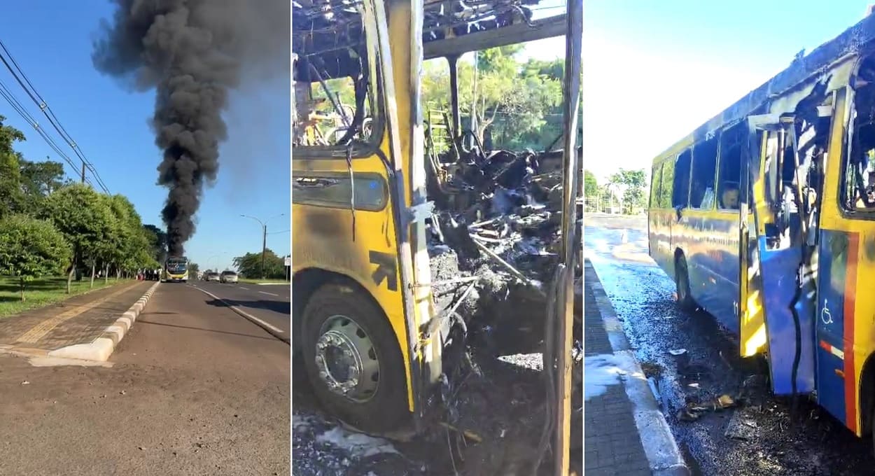 Ônibus da empresa paraguaia NSA foi destruído pelo incêndio. Imagem: Reprodução/Vídeos de autoria indeterminada