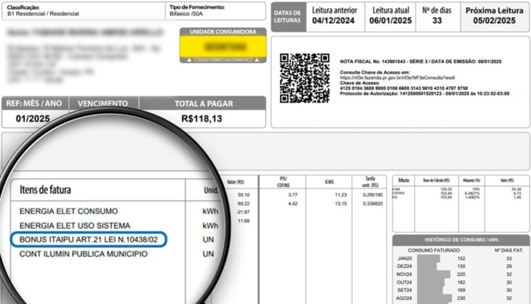 Faturas de energia de janeiro trazem o descritivo do Bônus Itaipu.