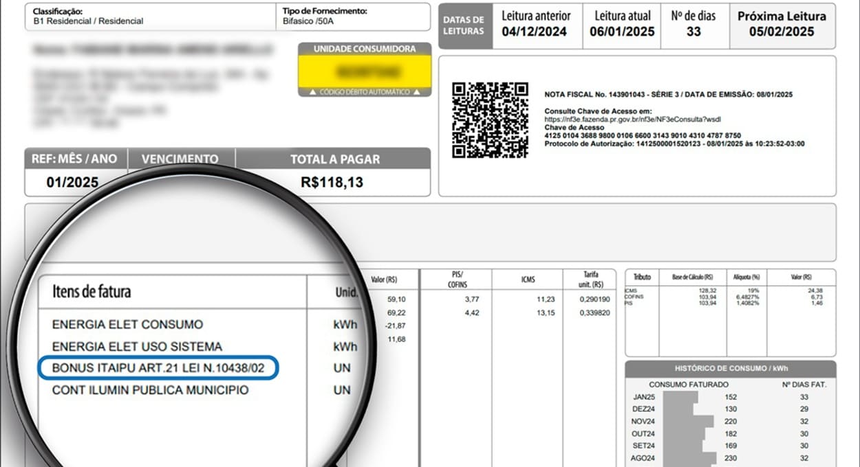 Faturas de energia de janeiro trazem o descritivo do Bônus Itaipu.