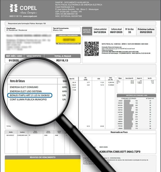 No Paraná, valor do Bônus Itaipu aparece nas contas de energia emitidas pela Copel.