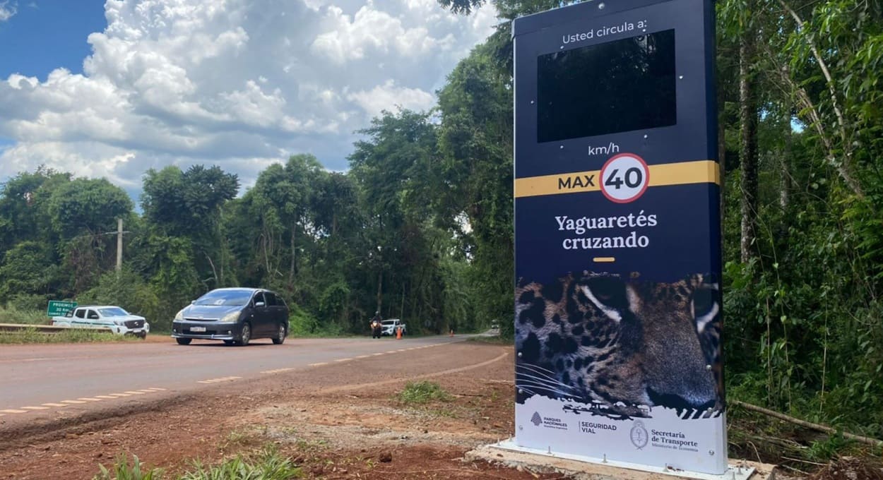 Tótens instalados na Argentina avisam sobre a travessia de onças.