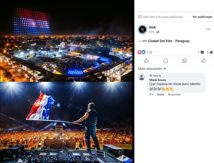 Em sua página ofical na rede social Facebook, Alok postou fotos e agradeceu ao público de Ciudad del Este.