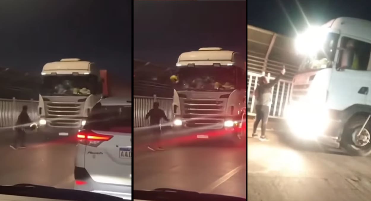 Cena foi registrada por motoristas e pedestres que passavam pela Ponte da Amizade.